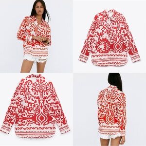 ZARA Red & White Printed Button-Up Shirt Blouse XXL